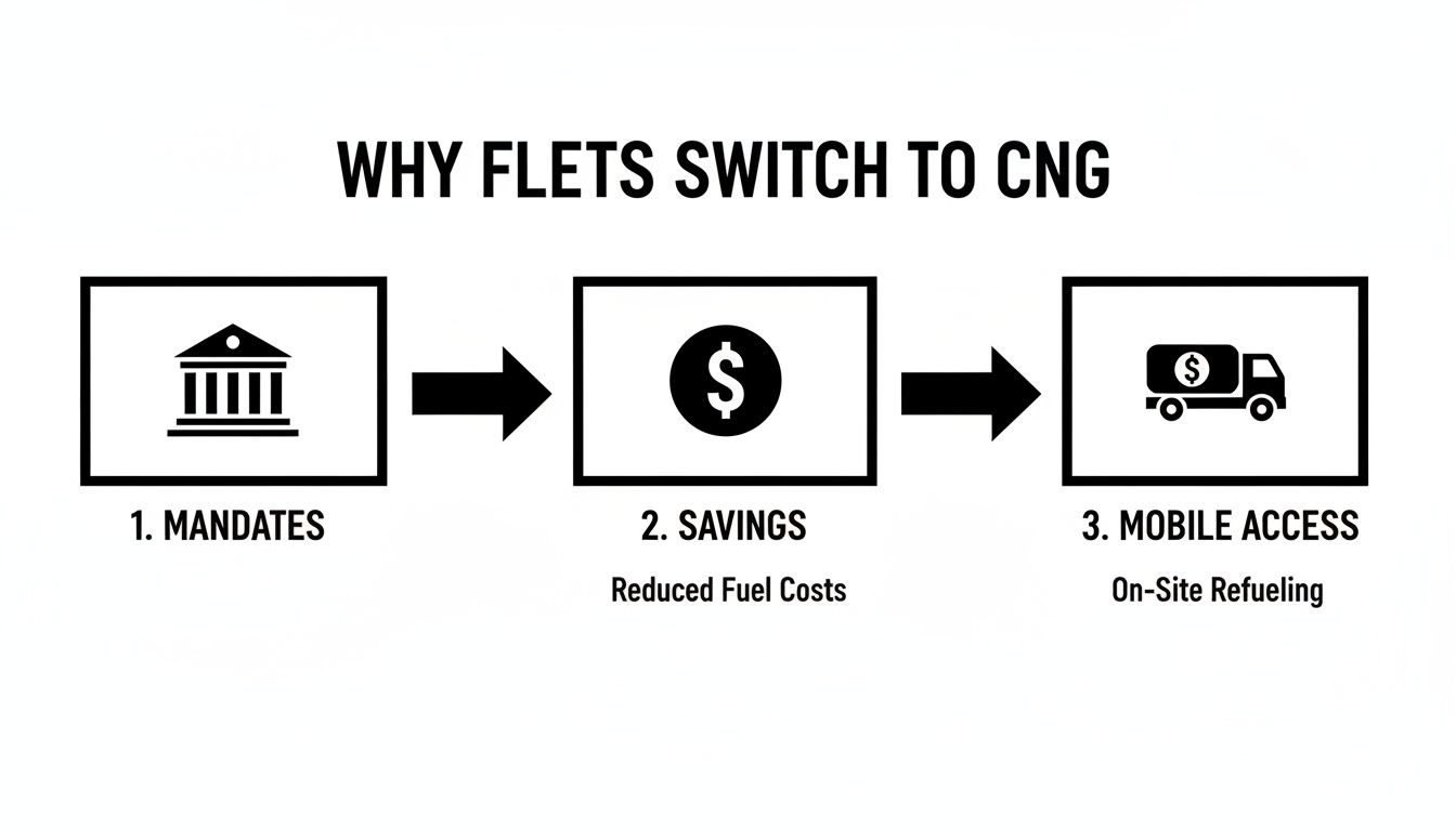 Flowchart showing reasons fleets switch to CNG: mandates, reduced fuel cost savings, and mobile access for on-site refueling.