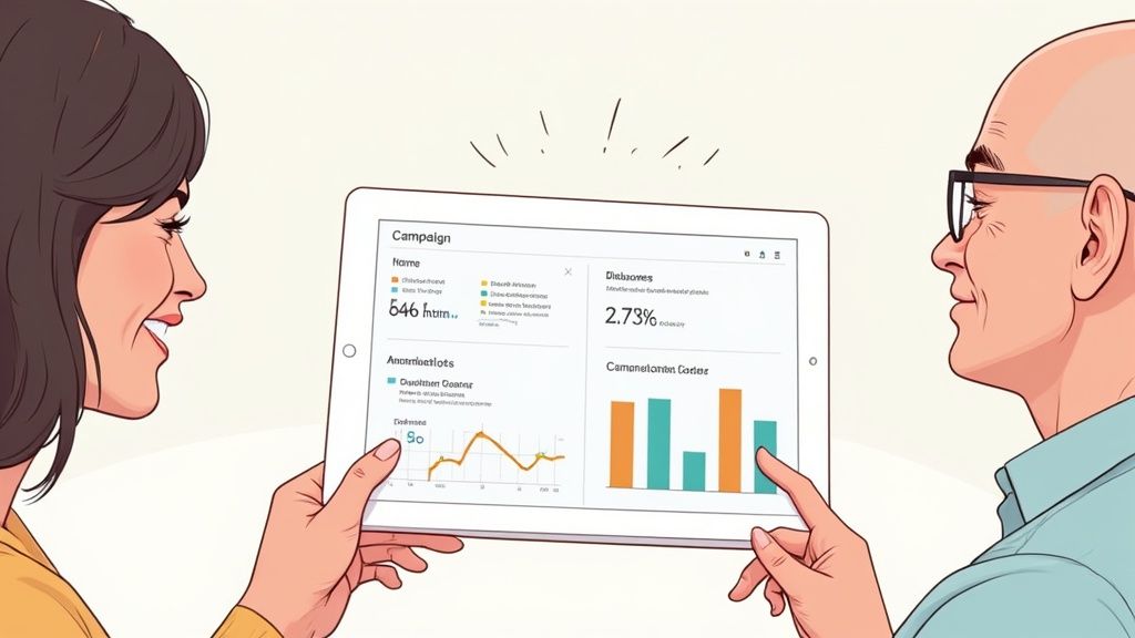 A small business owner analyzing influencer marketing campaign data on a laptop, demonstrating the importance of ROI tracking.