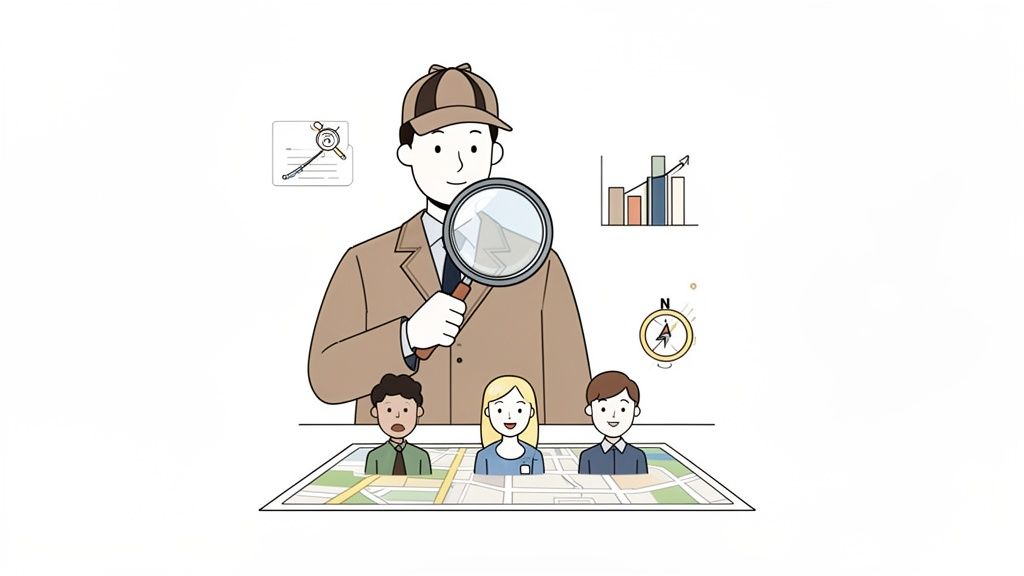 Cartoon detective examining a map with people and data, symbolizing market research and analysis.