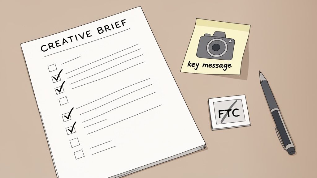 A creative brief checklist with checkboxes, a 'key message' sticky note, 'FTC' crossed out, and a pen on a desk.