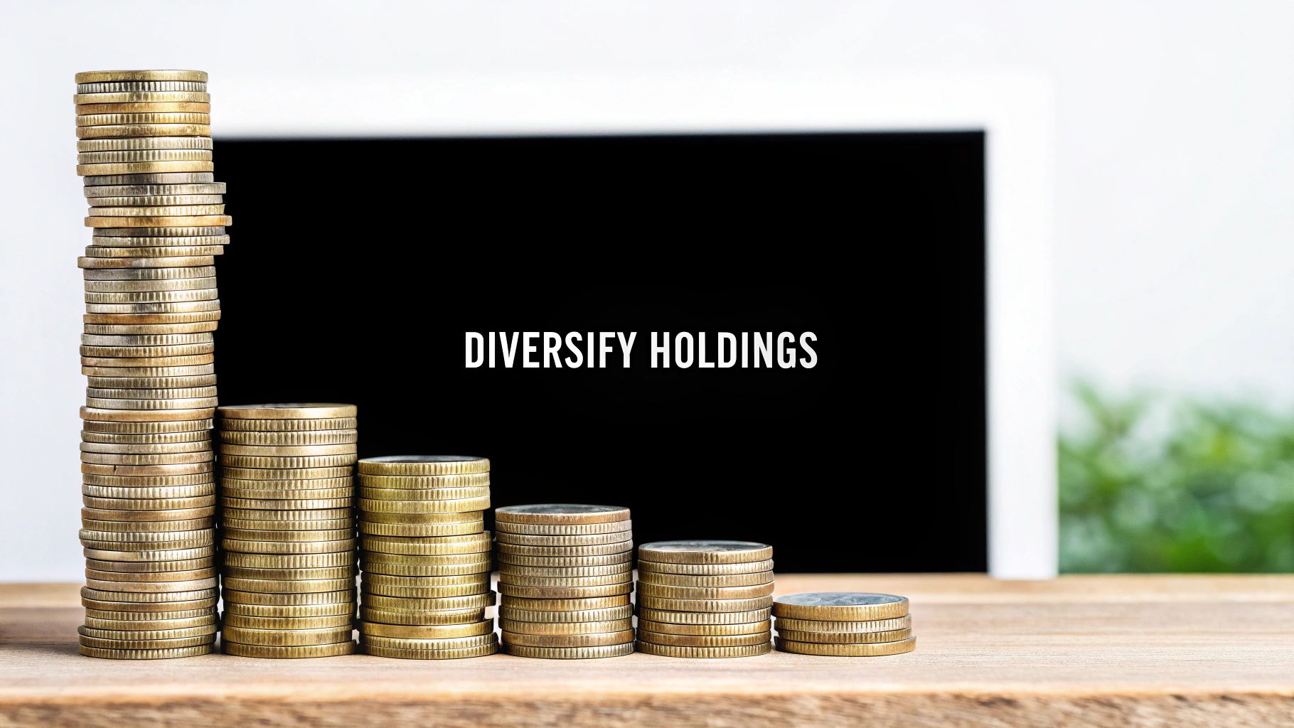 Stacks of golden coins forming a declining bar chart, with 'DIVERSIFY HOLDINGS' on a black background.