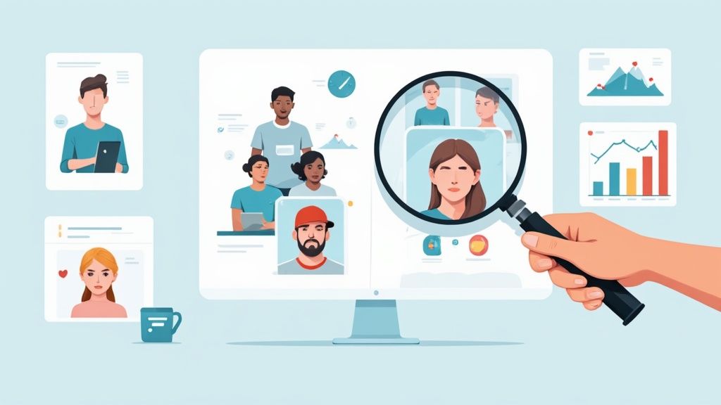 A magnifying glass hovering over a computer screen showing customer analytics and data charts.