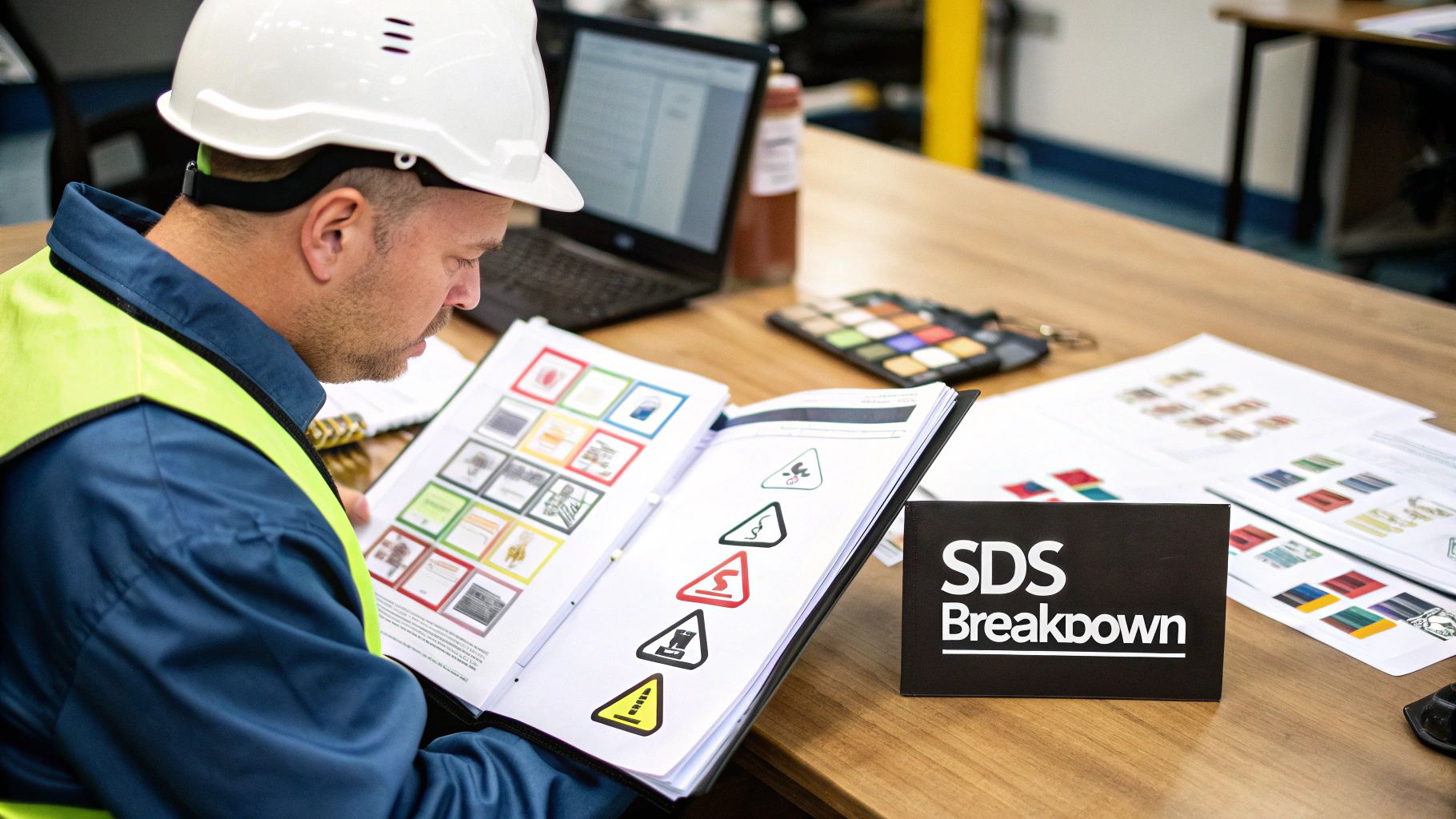 Technician reviewing a Safety Data Sheet on a tablet at a job site