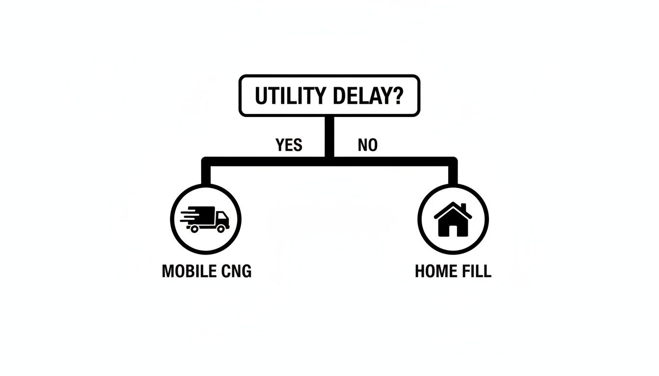 Flowchart showing options for CNG fuel: mobile delivery if utility delayed, or home fill.