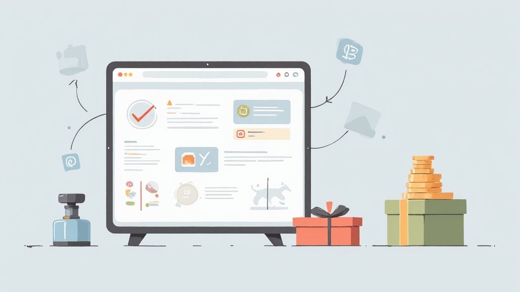Digital dashboard display showing social media management interface with gift boxes and coins beside monitor