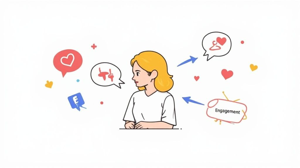 An illustration of a woman surrounded by social media engagement icons, showing the power of what is a micro-influencer strategy.