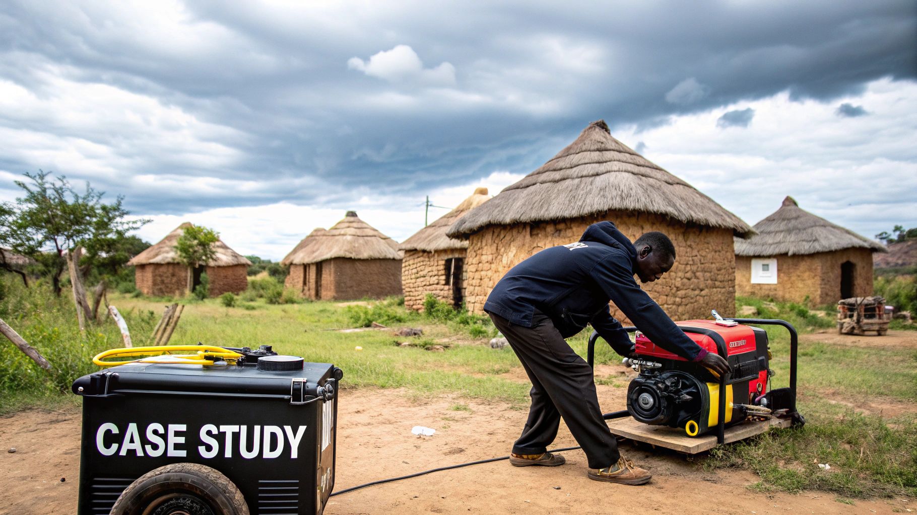A mobile energy storage unit with solar panels in the background, signifying environmental benefits.