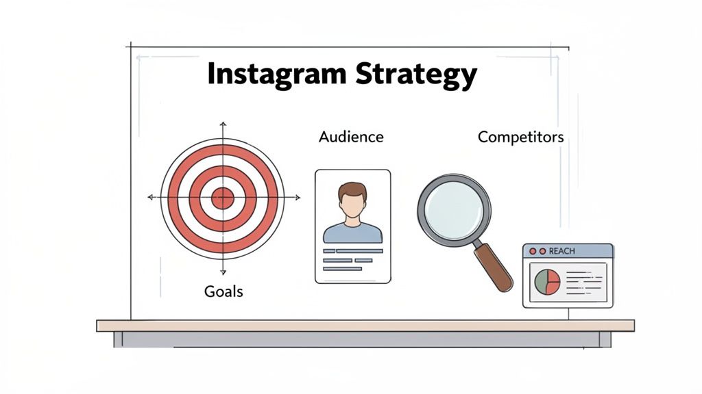 Illustration of Instagram strategy elements including goals, audience, competitors, and reach analytics.