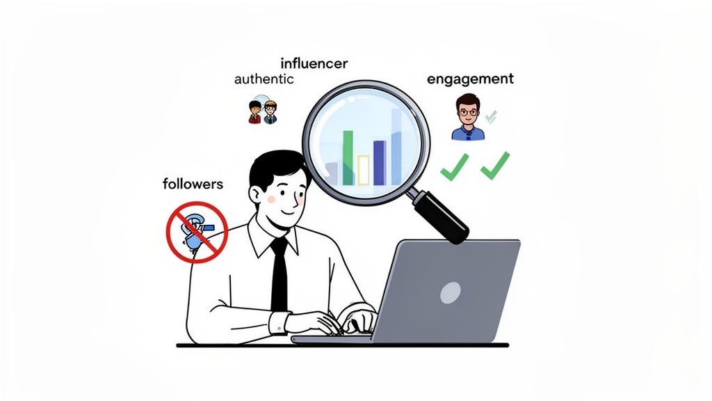 A man analyzing influencer data on a laptop, focusing on authenticity and engagement over just follower count.