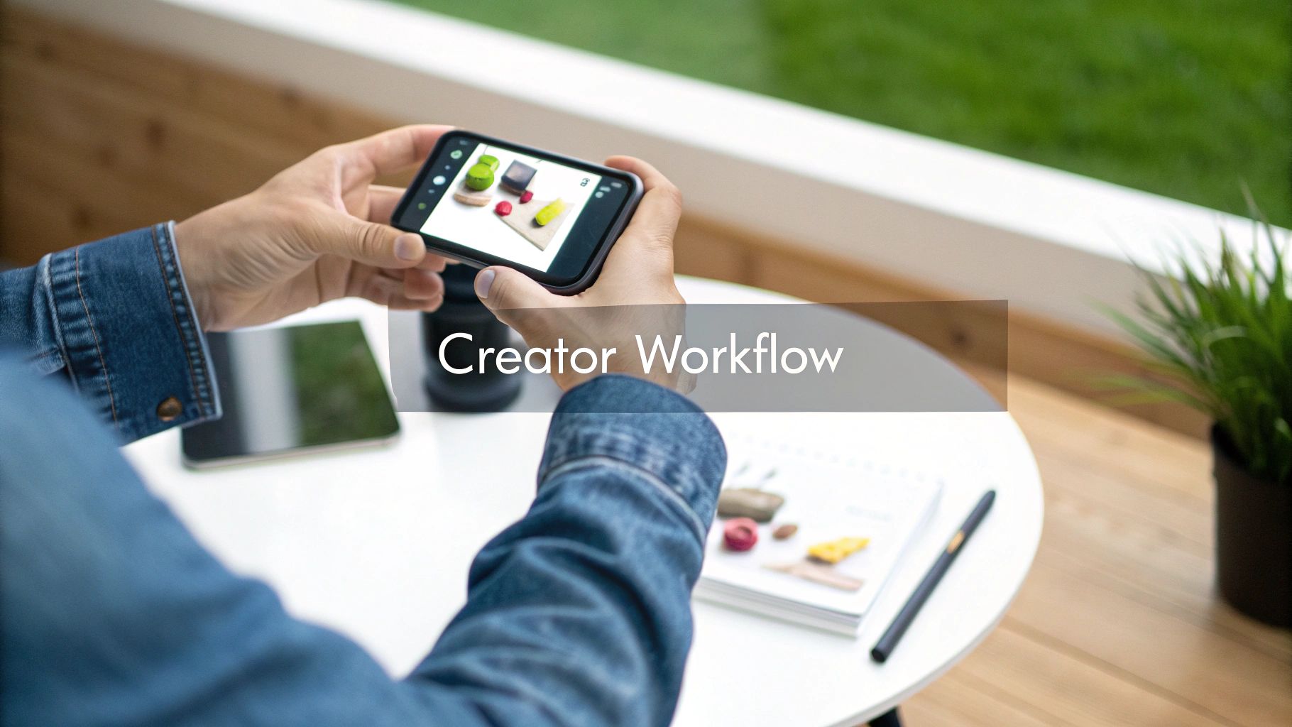 A creator's desk with a smartphone on a tripod, a ring light, and a product, ready for filming.