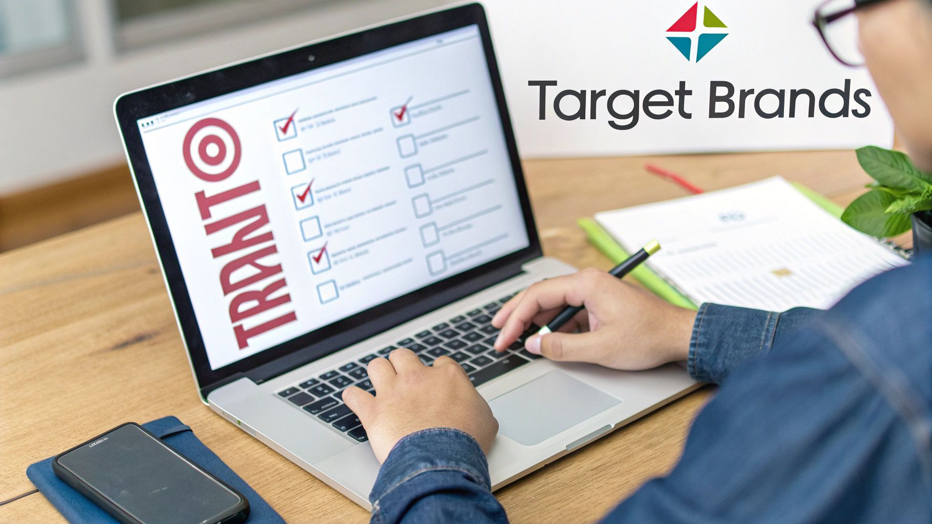 A person using a magnifying glass to inspect a digital screen showing various brand logos, symbolizing the vetting process.