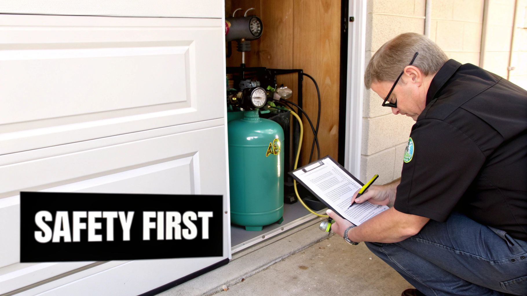 A technician inspects a home CNG fueling station in a garage, with a 'SAFETY FIRST' sign prominent.