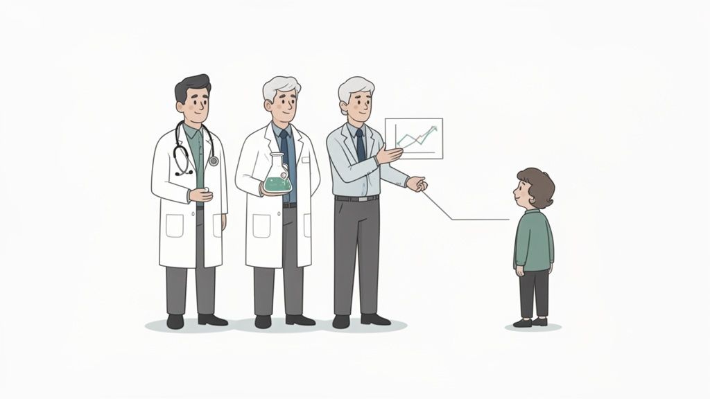 Three healthcare professionals, including doctors and a scientist, explain a graph to a young child. The image alt text is: A healthcare professional uses a graph to explain a concept, demonstrating the educational power of kol in marketing.