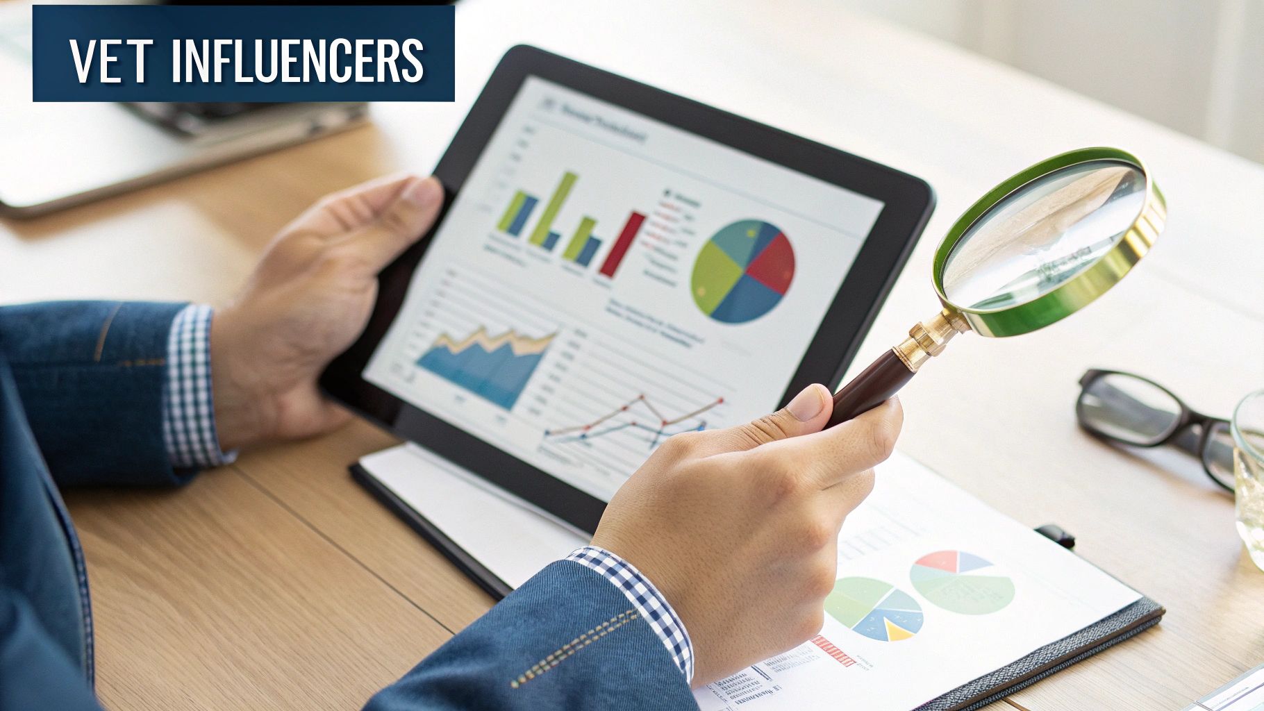 A person examining an influencer's profile on a phone with a checklist and magnifying glass icon overlaid.