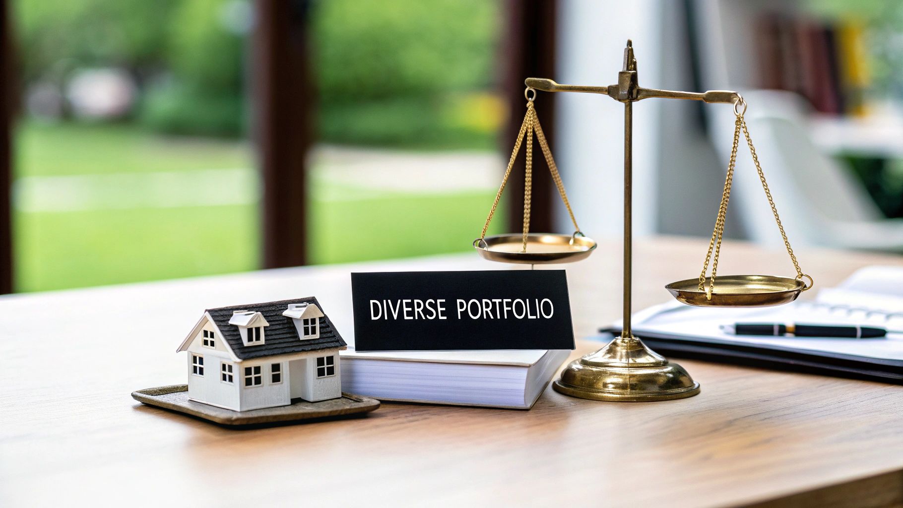 Miniature house, 'Diverse Portfolio' sign, and brass scales symbolizing balanced investments and real estate.