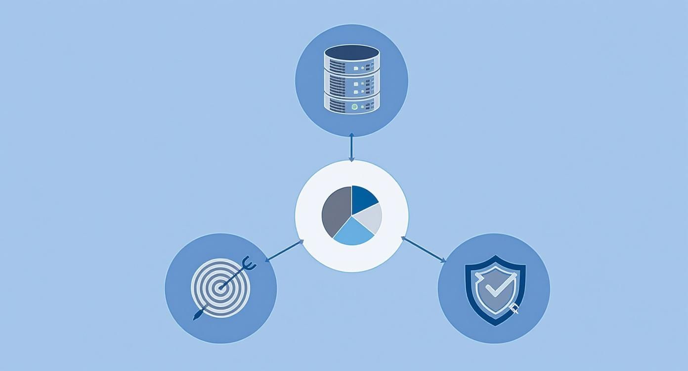 Database server connected to pie chart analytics dashboard with security shield and target optimization icons