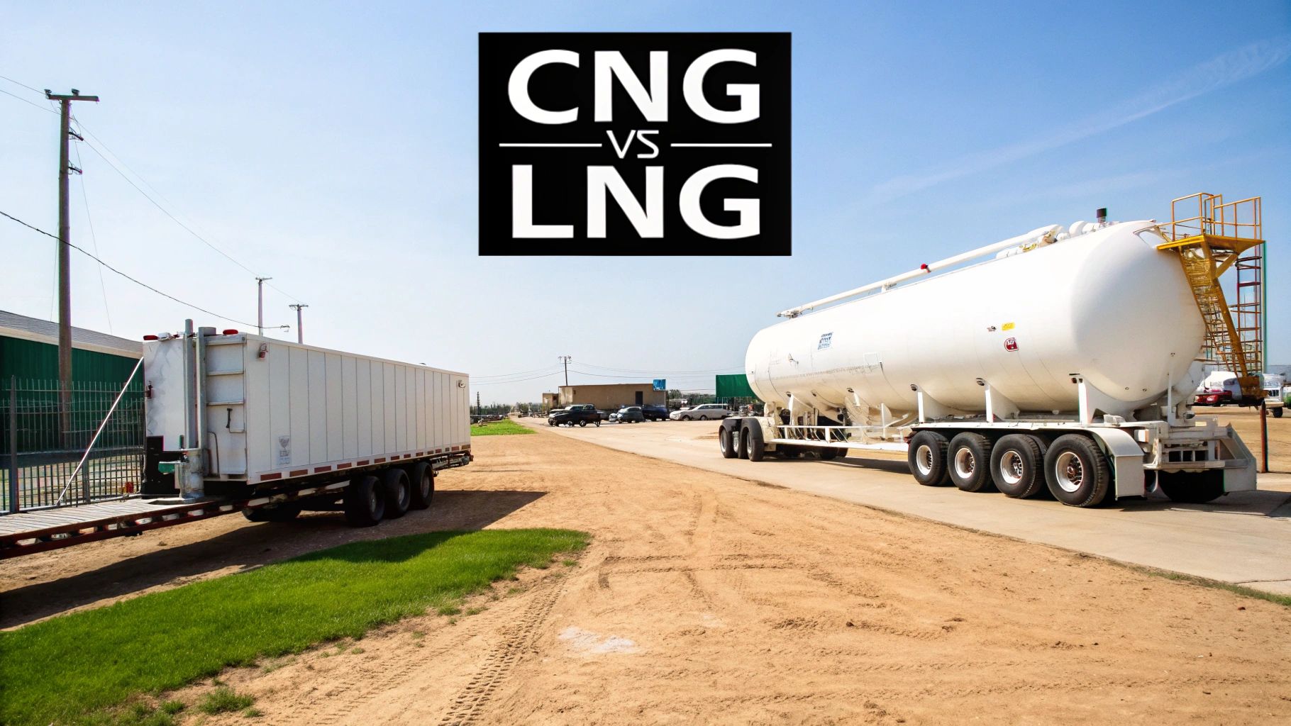 Comparison of CNG and LNG, showing two large trucks parked outdoors on a sunny day.