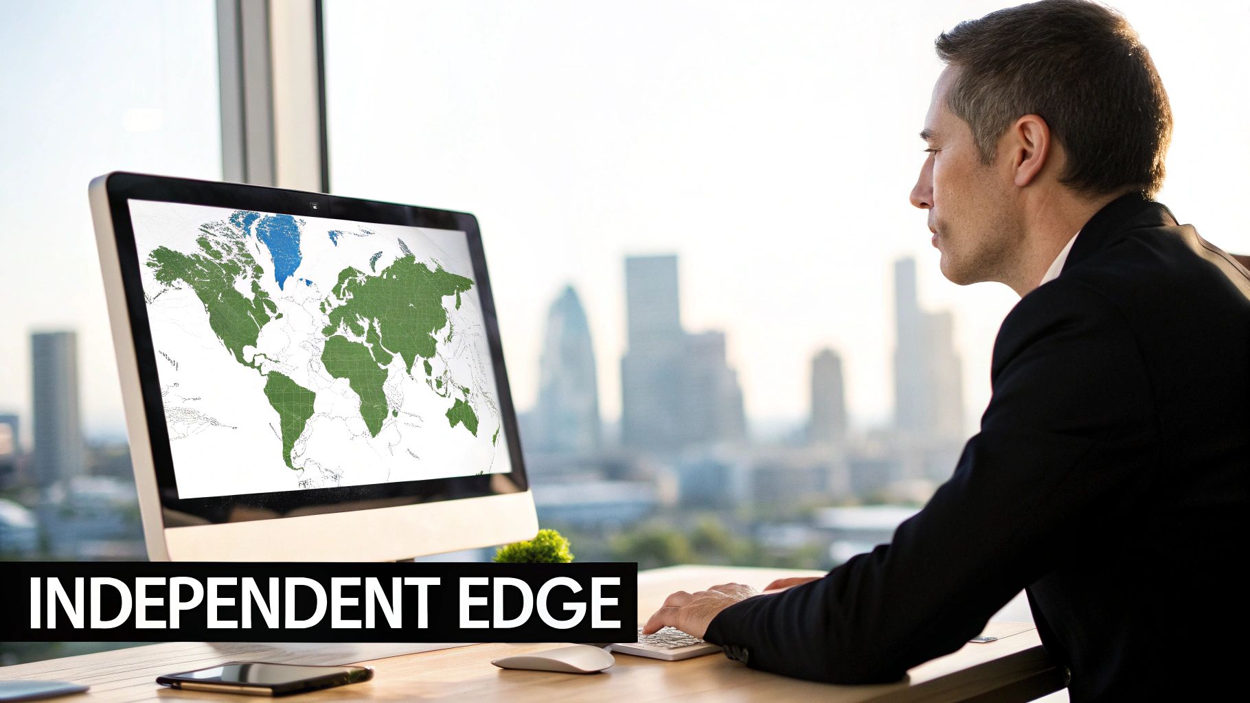 Businessman looking at a world map on a computer screen in a modern office with a city view.