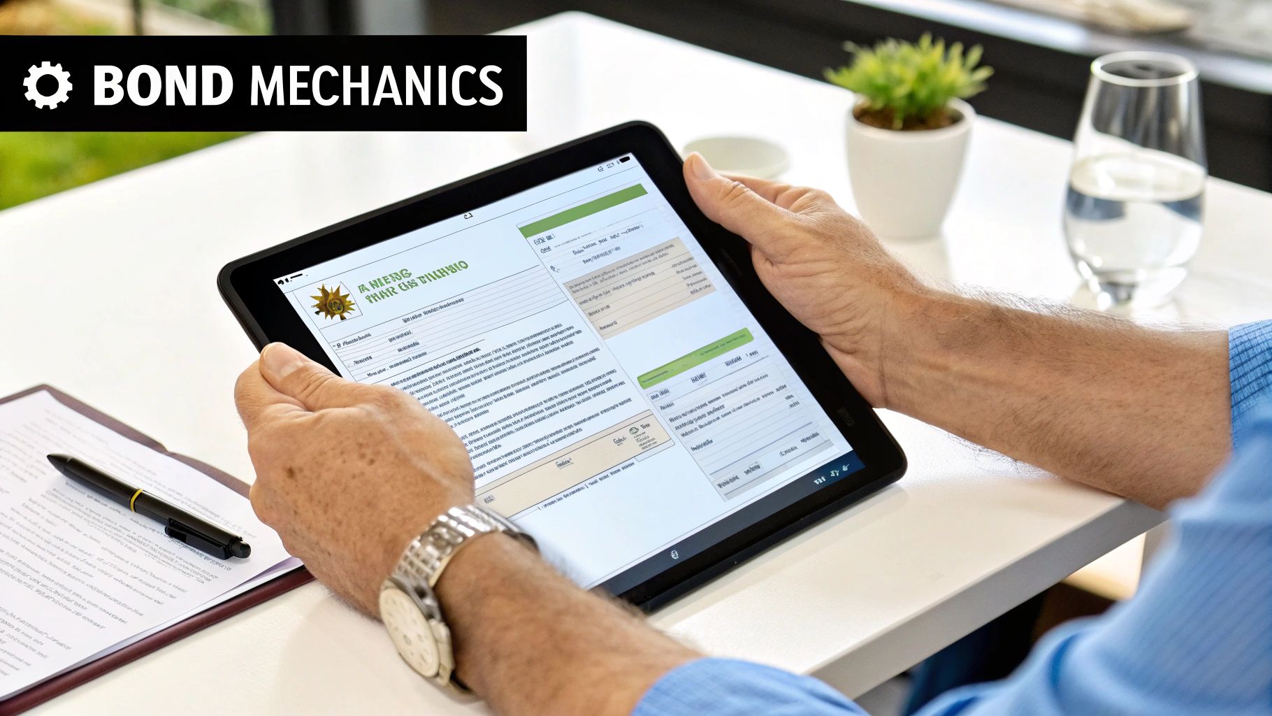 A person reviewing financial data on a tablet, with 'Bond Mechanics' displayed on a banner.