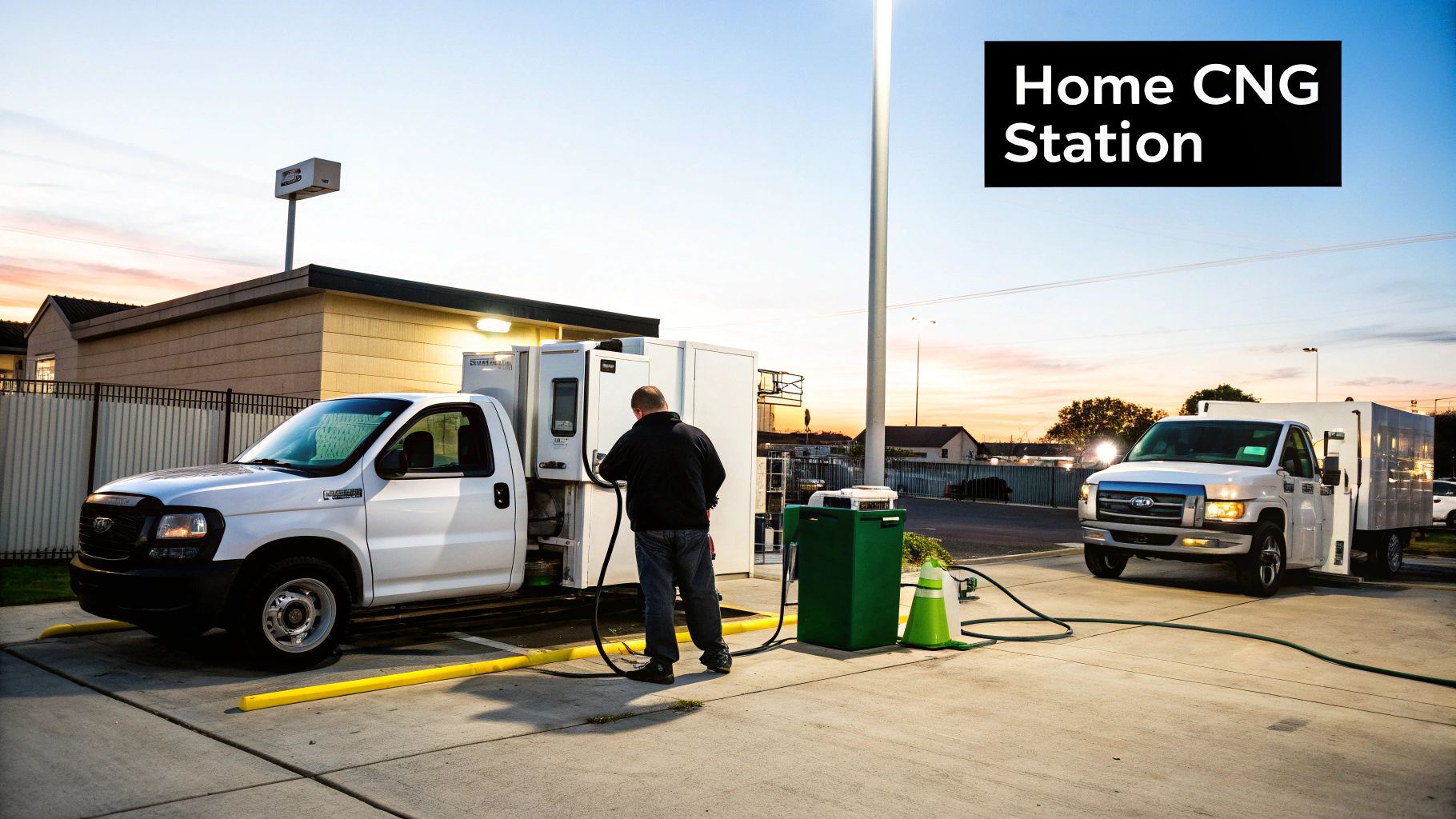 A man fuels a white utility truck at a home CNG station during a colorful sunset.