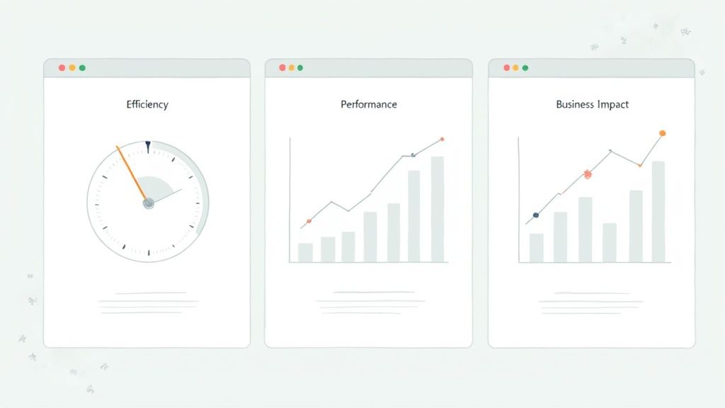 Three dashboard cards showing efficiency clock, performance bar chart, and business impact trend graphs for marketing operations