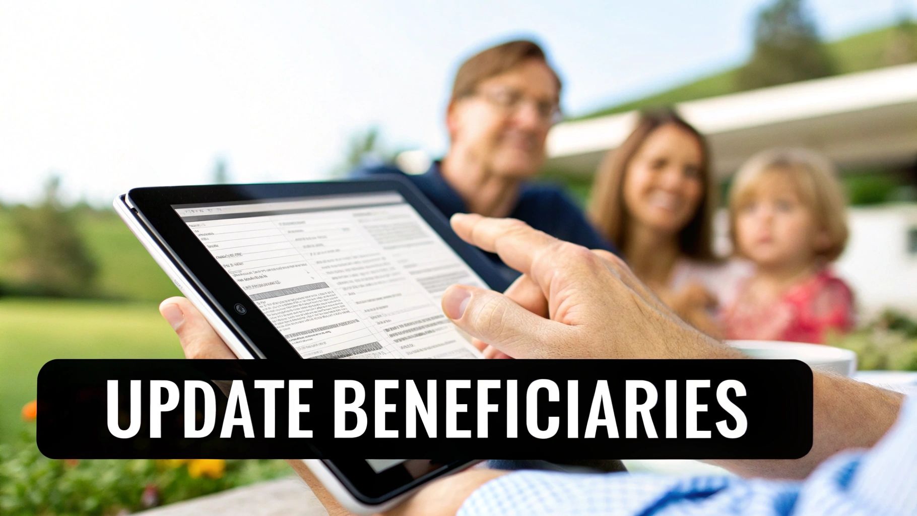 A hand points at a tablet screen with "UPDATE BENEFICIARIES" text overlay, showing a family in the background.