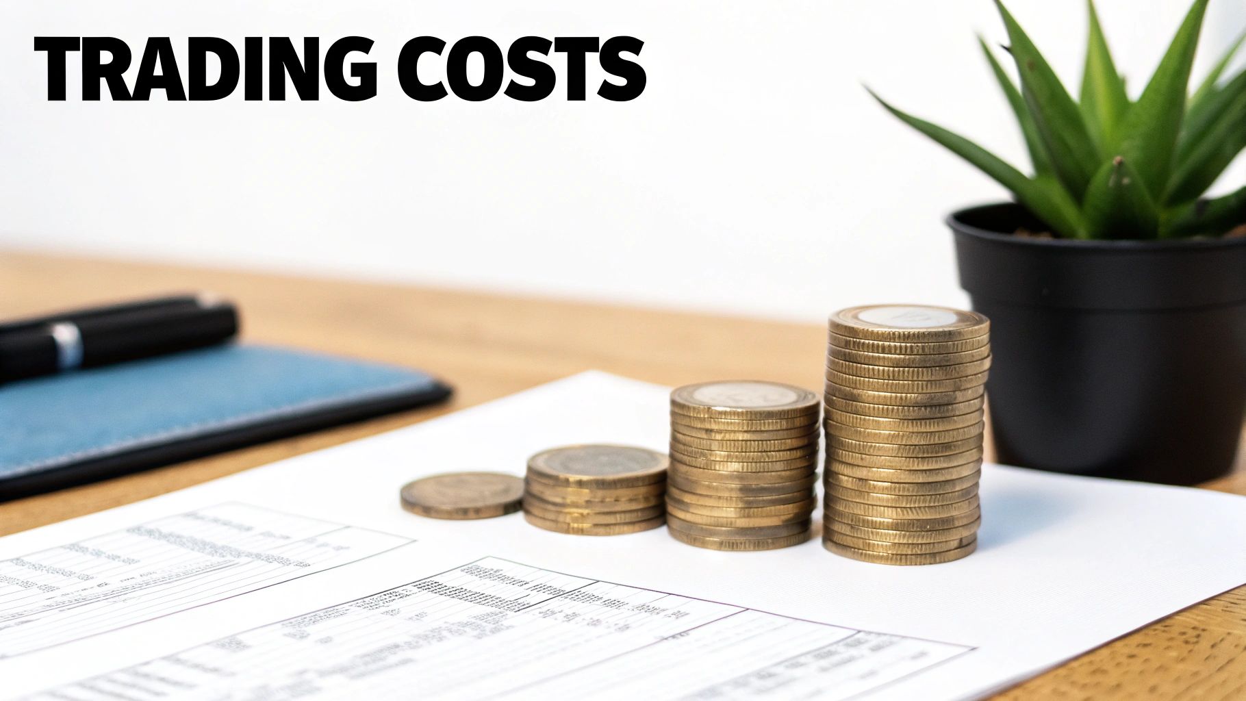 Rising stacks of coins and financial documents on a desk with 'TRADING COSTS' text.