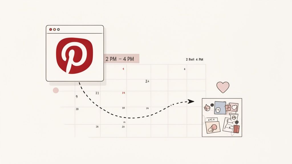 Pinterest logo on a browser, a calendar displaying '2 PM - 4 PM', and a mood board, illustrating social media scheduling.