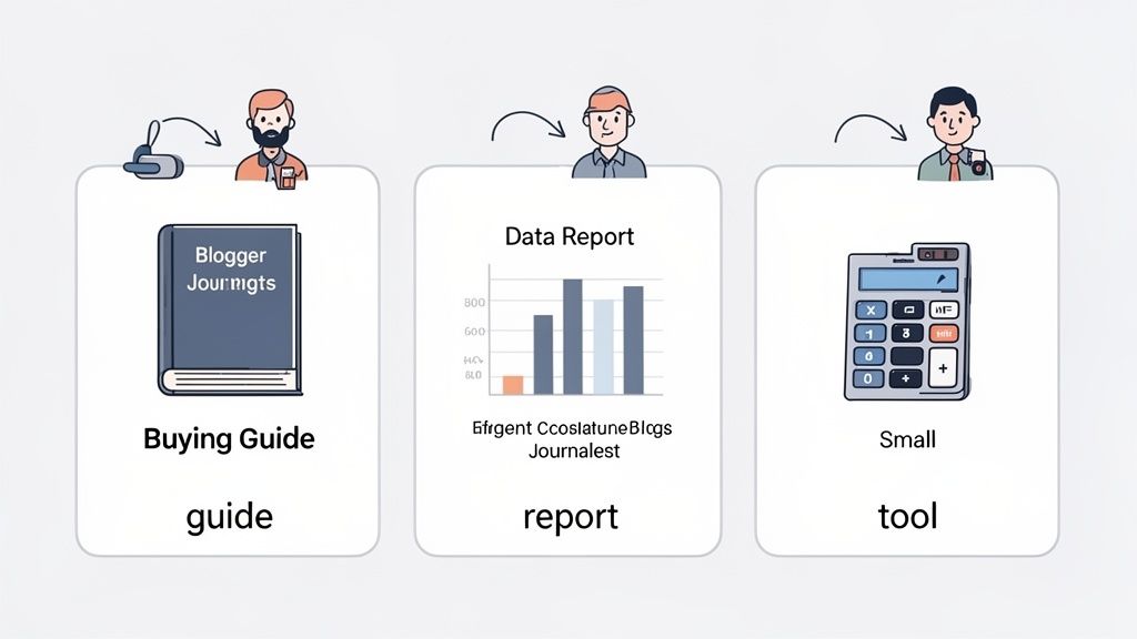 Three illustrative cards showing different resources: a buying guide book, a data report chart, and a calculator tool.