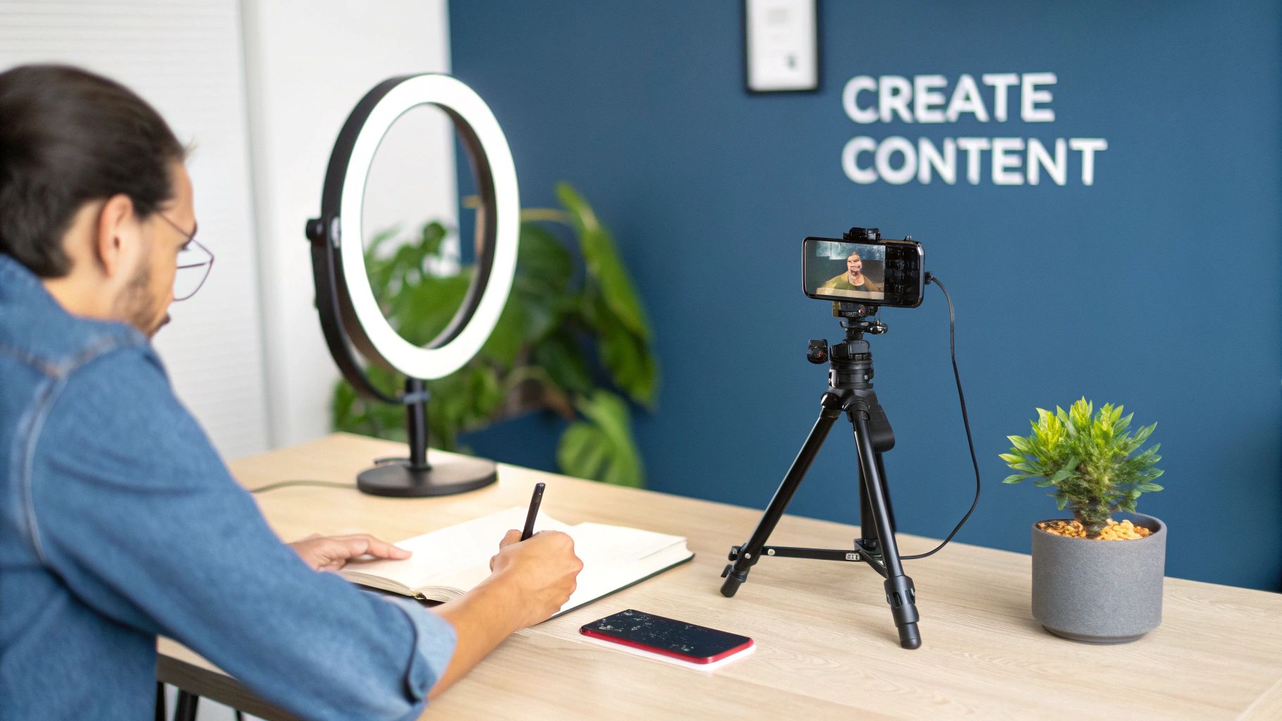 A person’s hands styling a flat lay of colorful foods on a table, representing high-quality content creation.