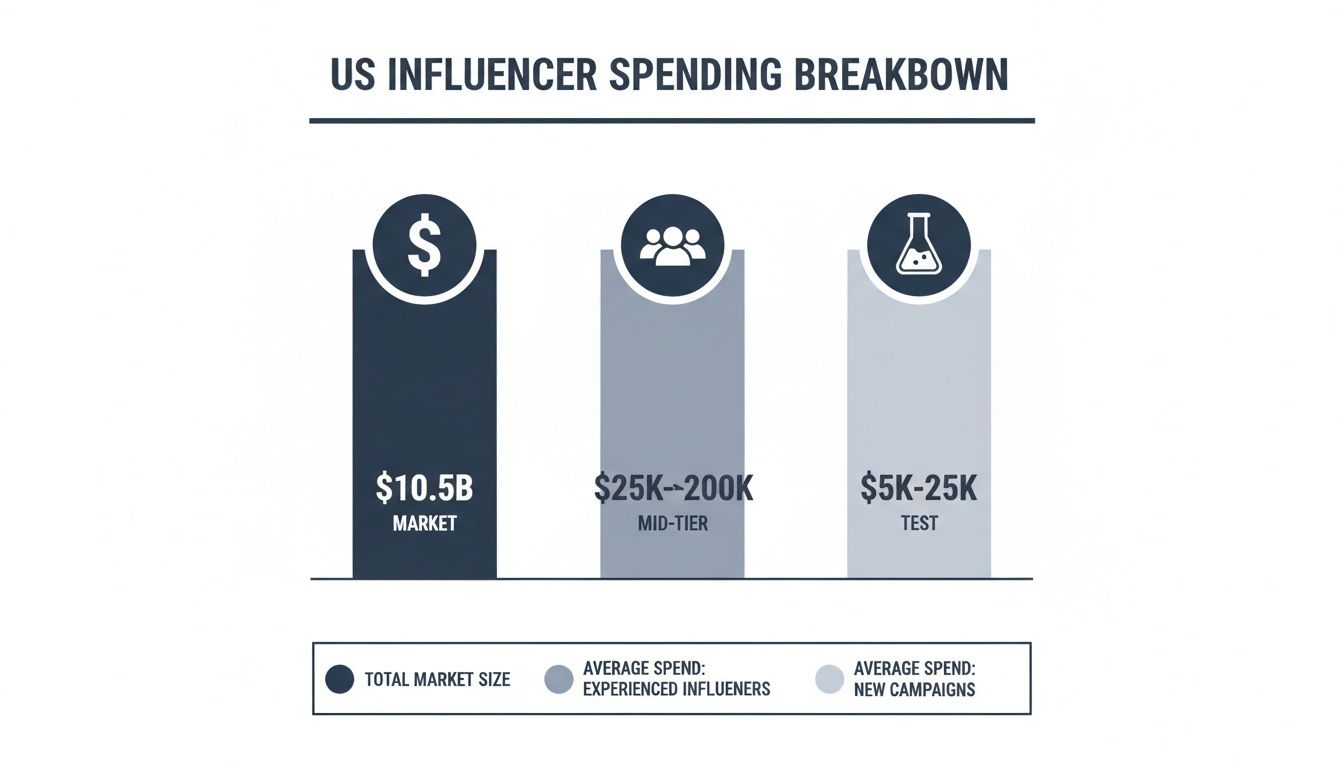 Bar chart illustrating US influencer spending breakdown for total market, experienced influencers, and new campaigns.