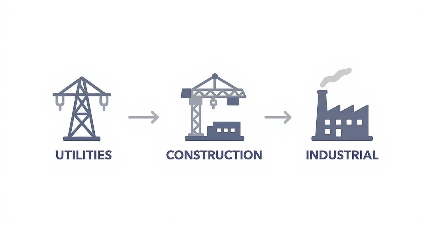 Three icons illustrating the progression from utilities to construction and industrial sectors.