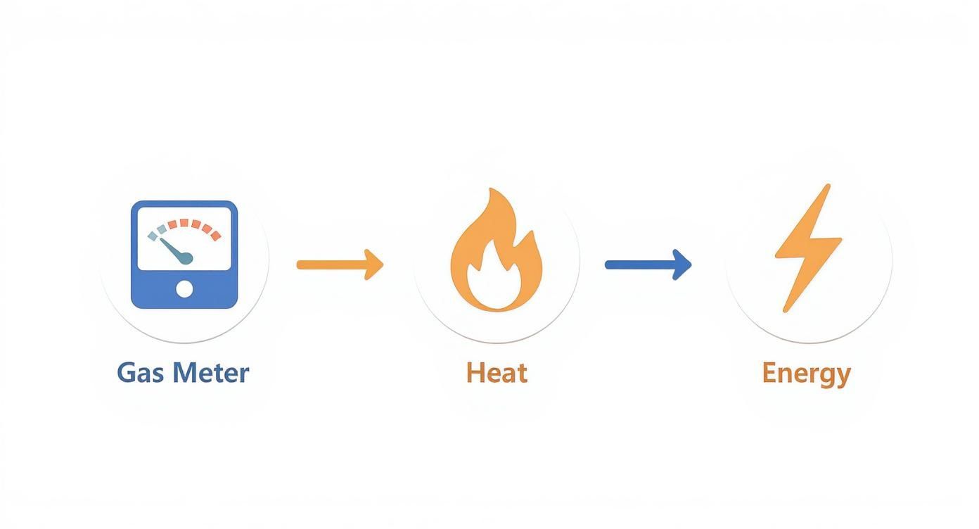 Diagram showing the conversion process from a gas meter to heat, then to energy.