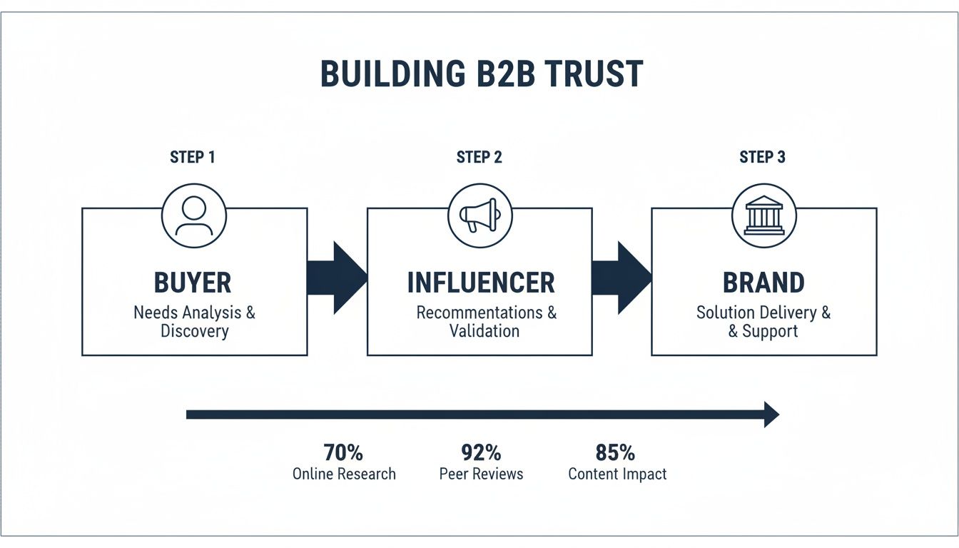 Infographic detailing the B2B trust-building process for influencer marketing for B2B tech.