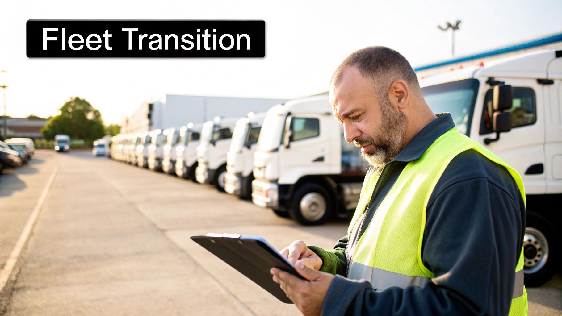 A logistics worker in a reflective vest operates a tablet in a truck yard with white semi-trucks.