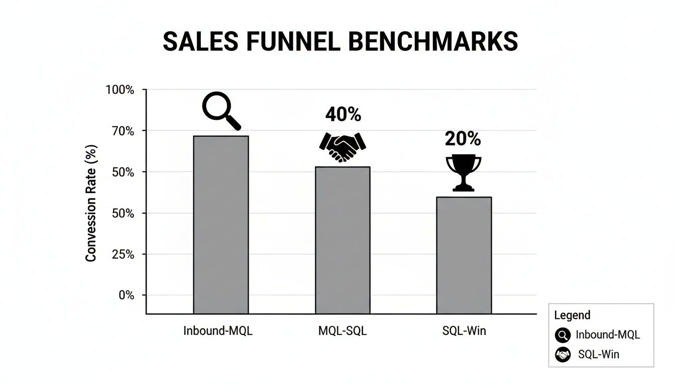Bar chart showing sales funnel conversion benchmarks across three stages: Inbound-MQL, MQL-SQL, and SQL-Win.