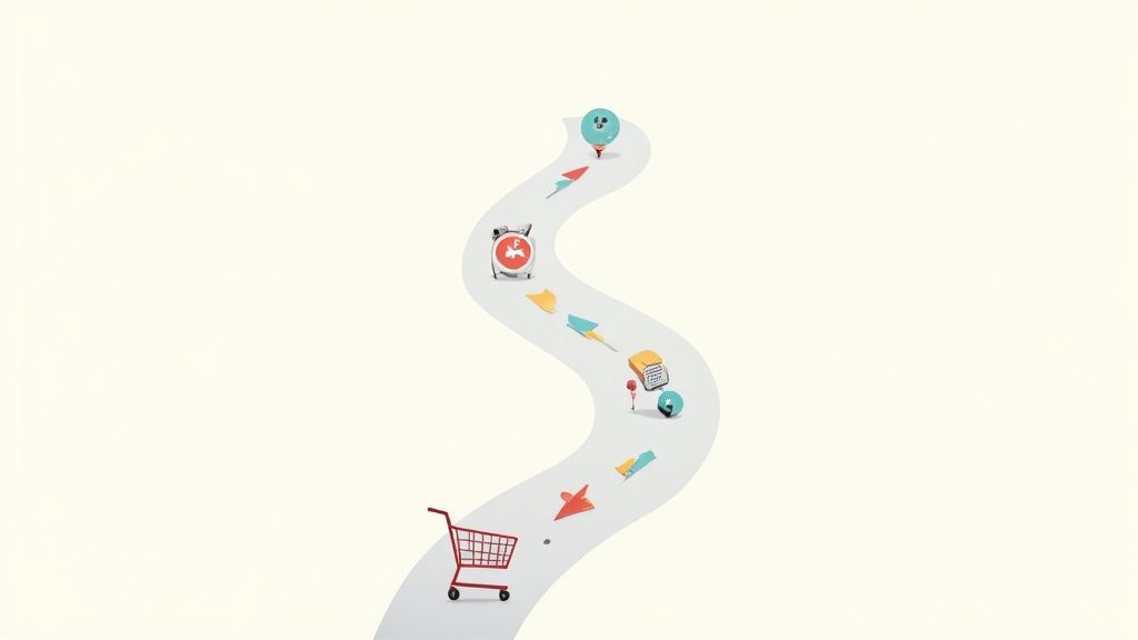 A winding path with a shopping cart and marketing icons, illustrating a full-funnel customer journey.
