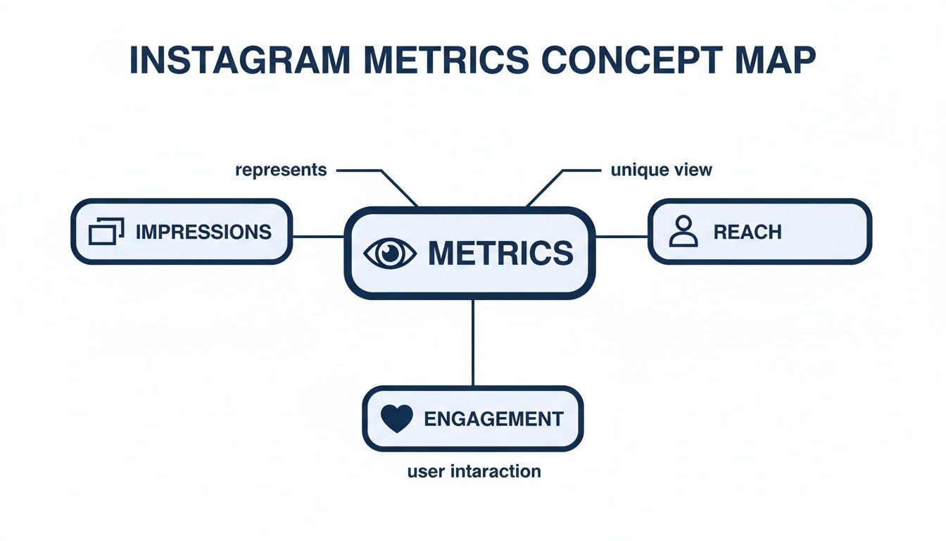 Instagram metrics concept map showing impressions, reach, and engagement definitions.