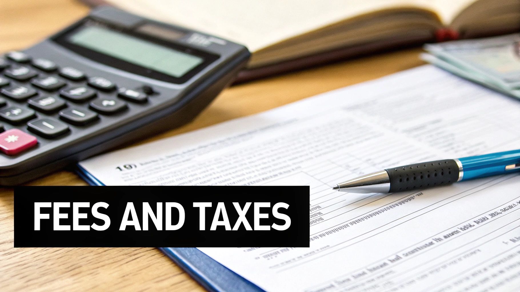 A calculator, pen, and tax forms on a wooden desk with a 'FEES AND TAXES' overlay.
