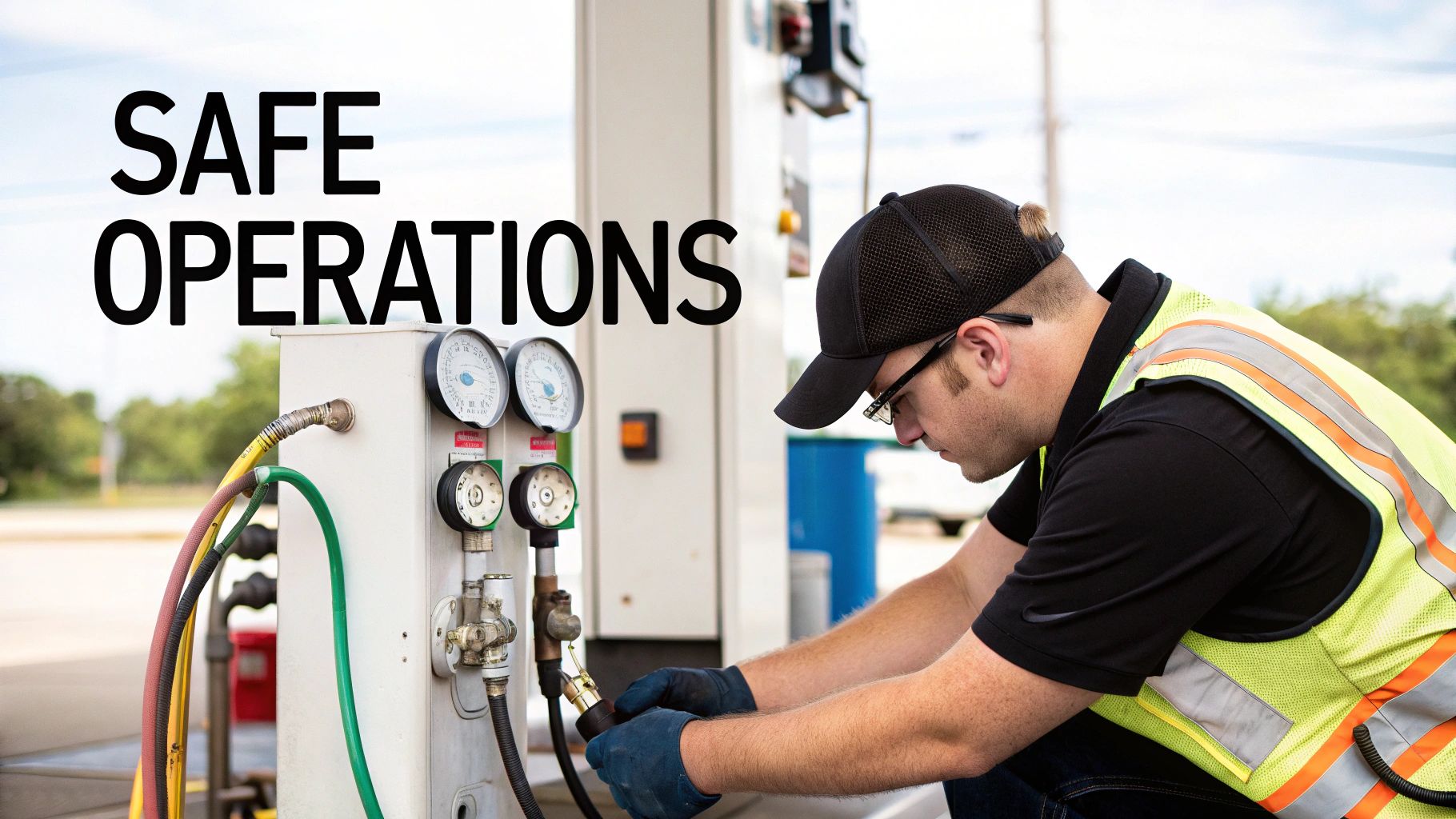 Technician in safety vest performing maintenance inspection on CNG refueling station equipment with pressure gauges