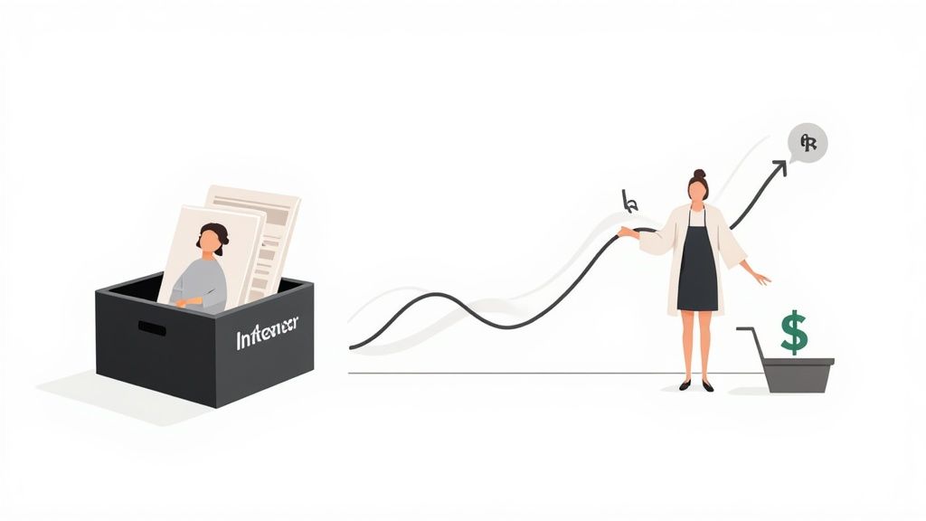 Illustration showing an influencer box and a woman analyzing an upward trend of marketing ROI, demonstrating the value of an influencer ROI calculator.