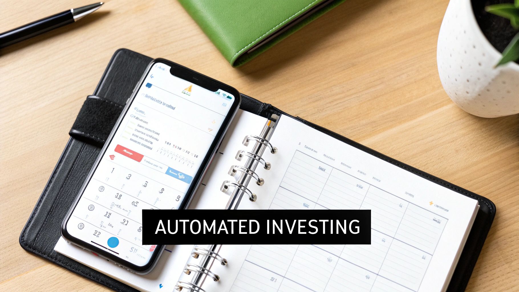A smartphone displaying a financial app, an open planner, and a pen on a wooden desk, representing automated investing.