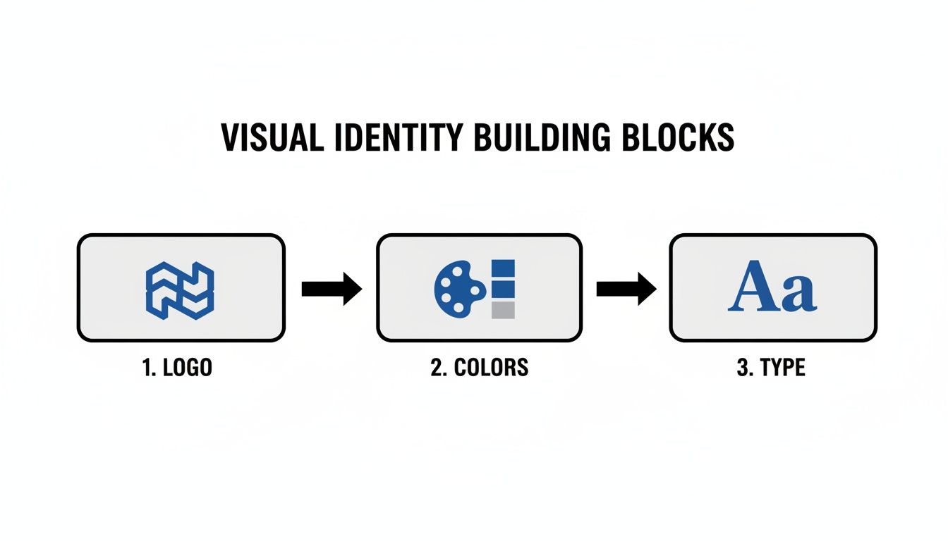 A diagram illustrating the visual identity building blocks: logo, colors, and typography, connected by arrows.