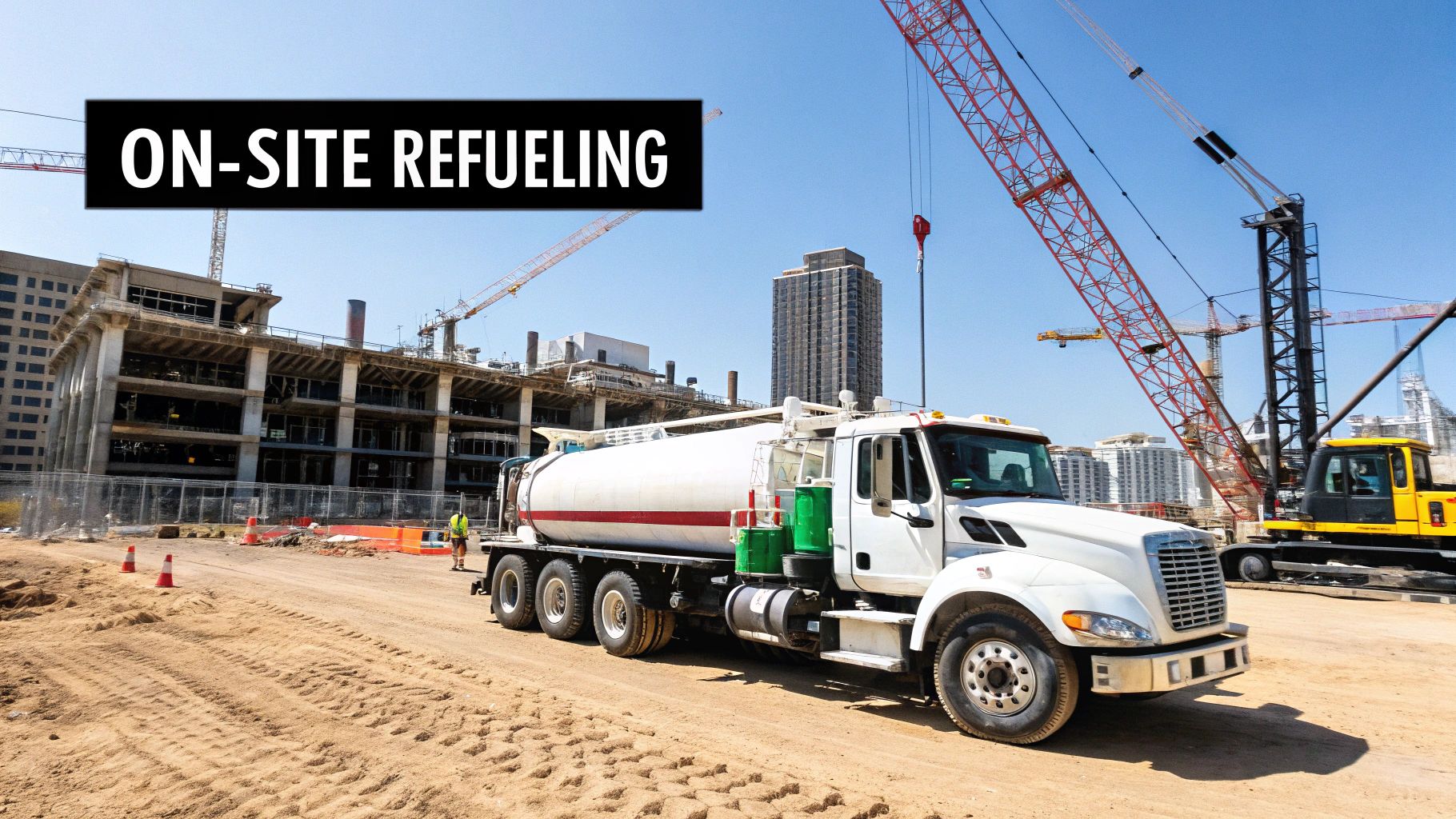 A mobile fueling truck refueling a piece of heavy construction equipment on a job site at dusk.