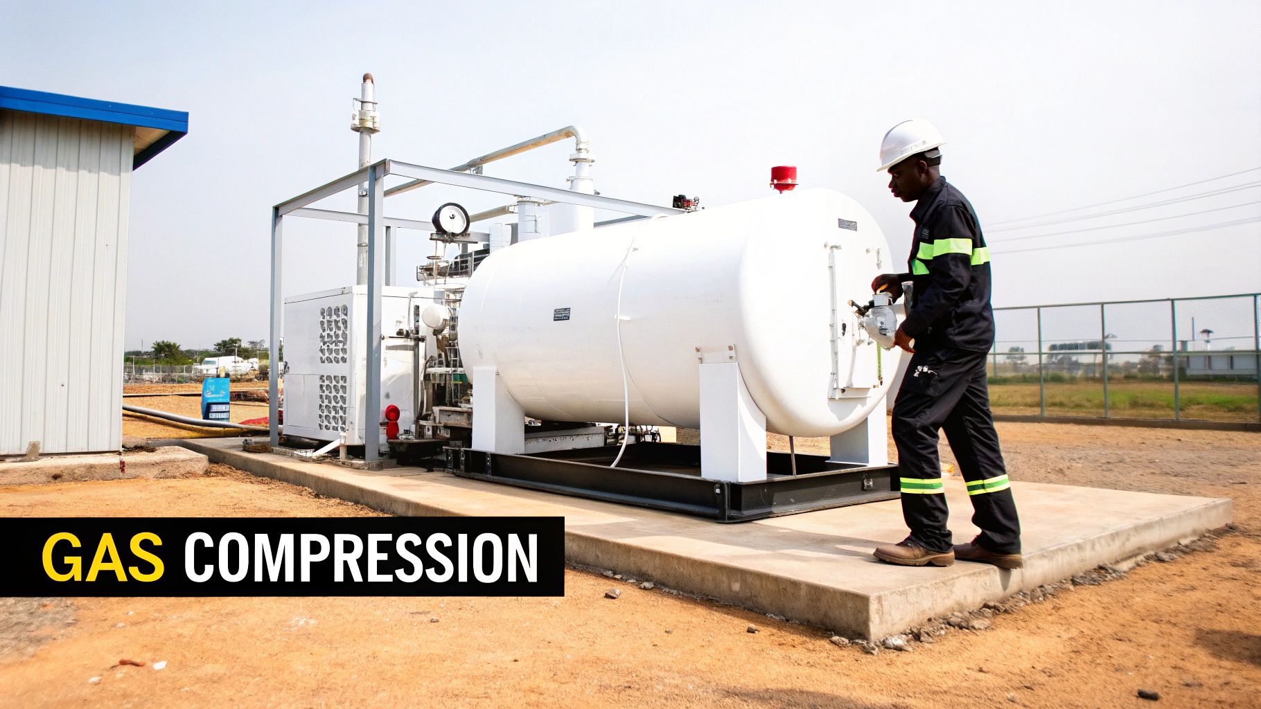 An industrial gas compression package with multiple pipes and valves, showing its complex design.