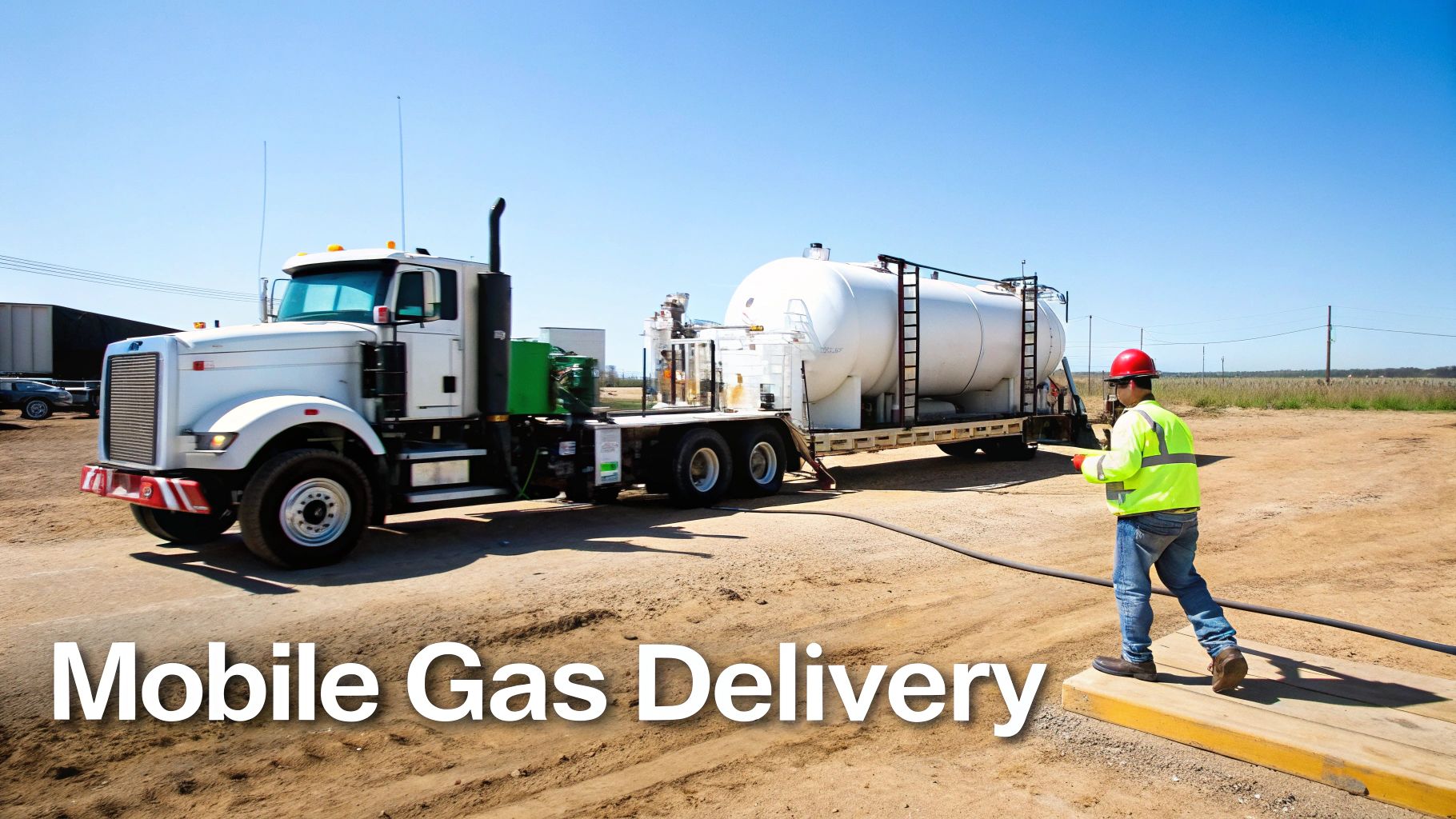 A worker in a hard hat supervises mobile gas delivery from a large tanker truck.