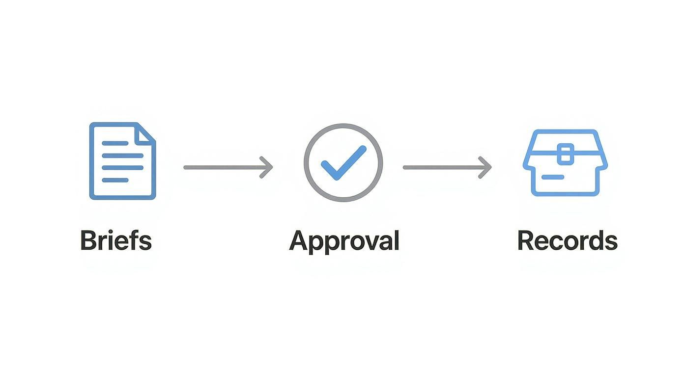 A workflow diagram showing briefs moving through an approval process, then stored as records, with document and box icons.