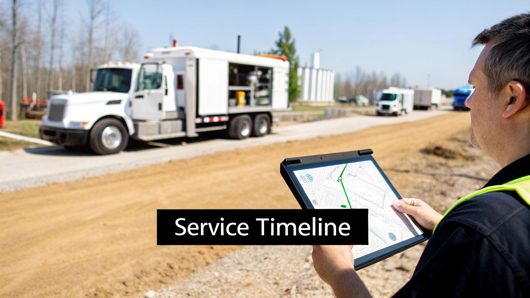 Man in high-vis vest using a tablet with a map, overseeing service trucks on a job site.