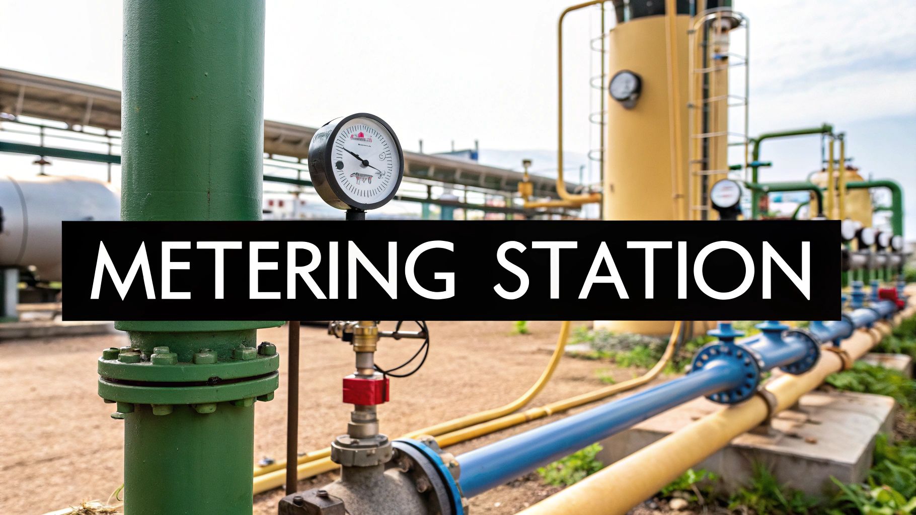 Rows of pipes and gauges inside a gas metering station