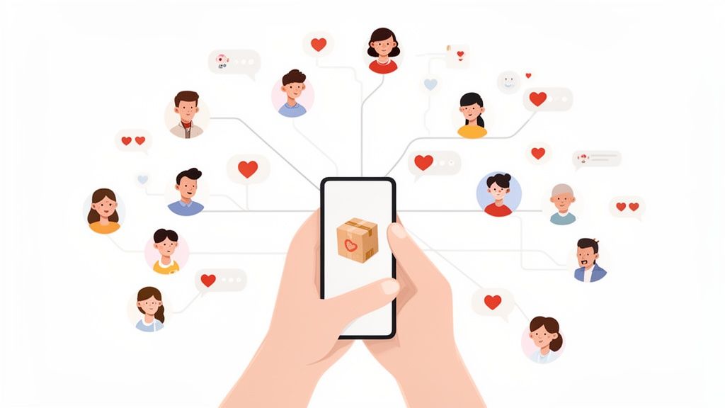 Hands holding a smartphone displaying a gift box, connected to diverse people with hearts.